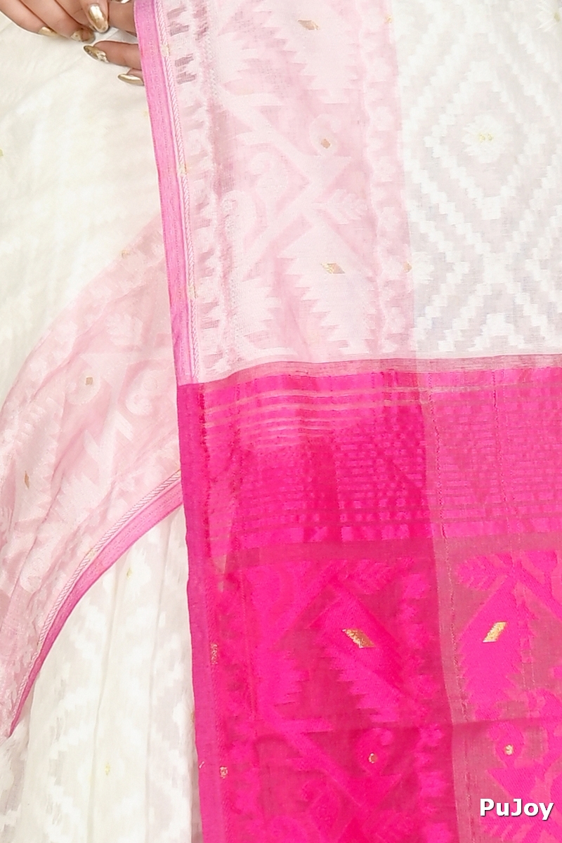 White Purple Blended Cotton Krokai Jamdani Saree (1706)