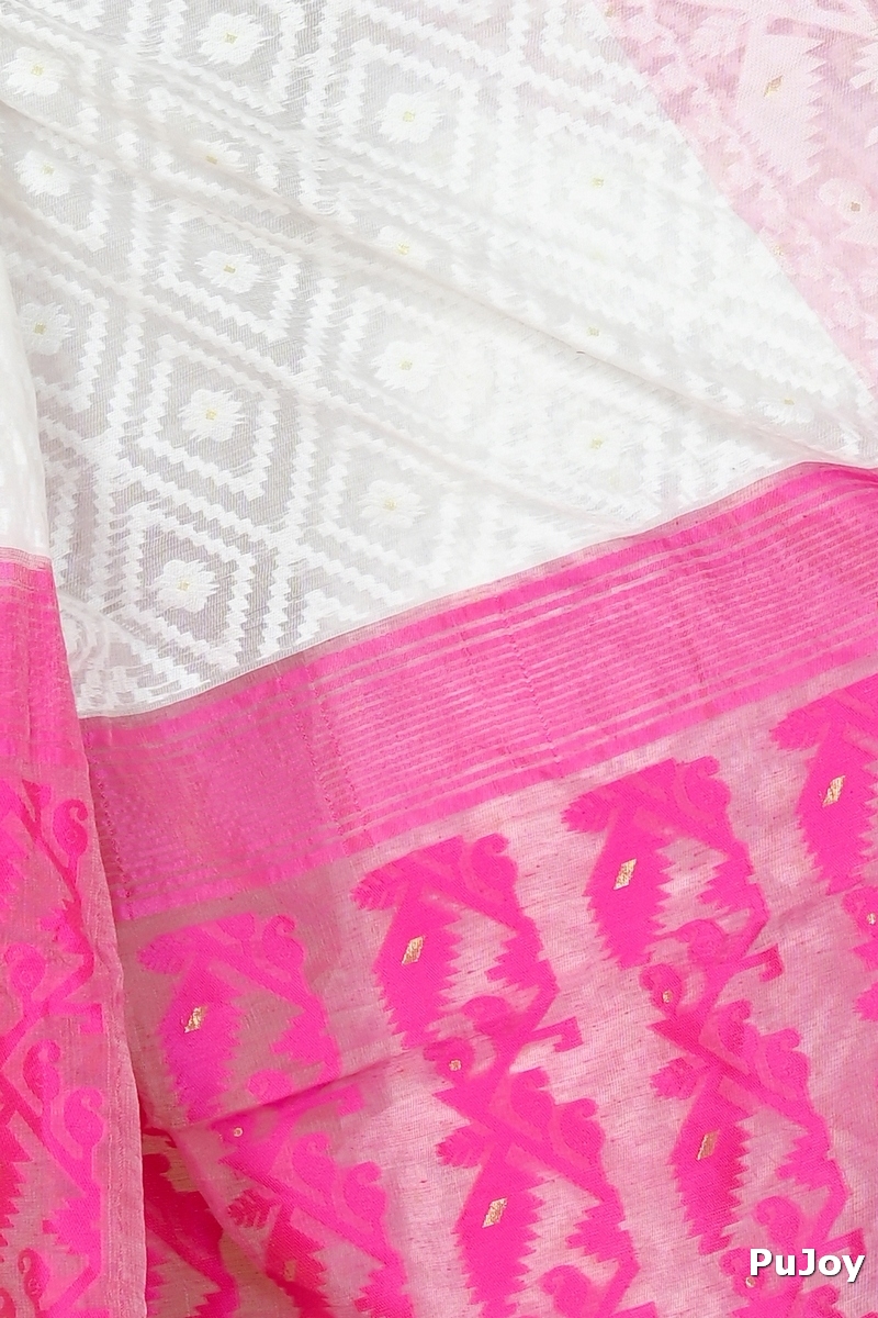 White Purple Blended Cotton Krokai Jamdani Saree (1706)