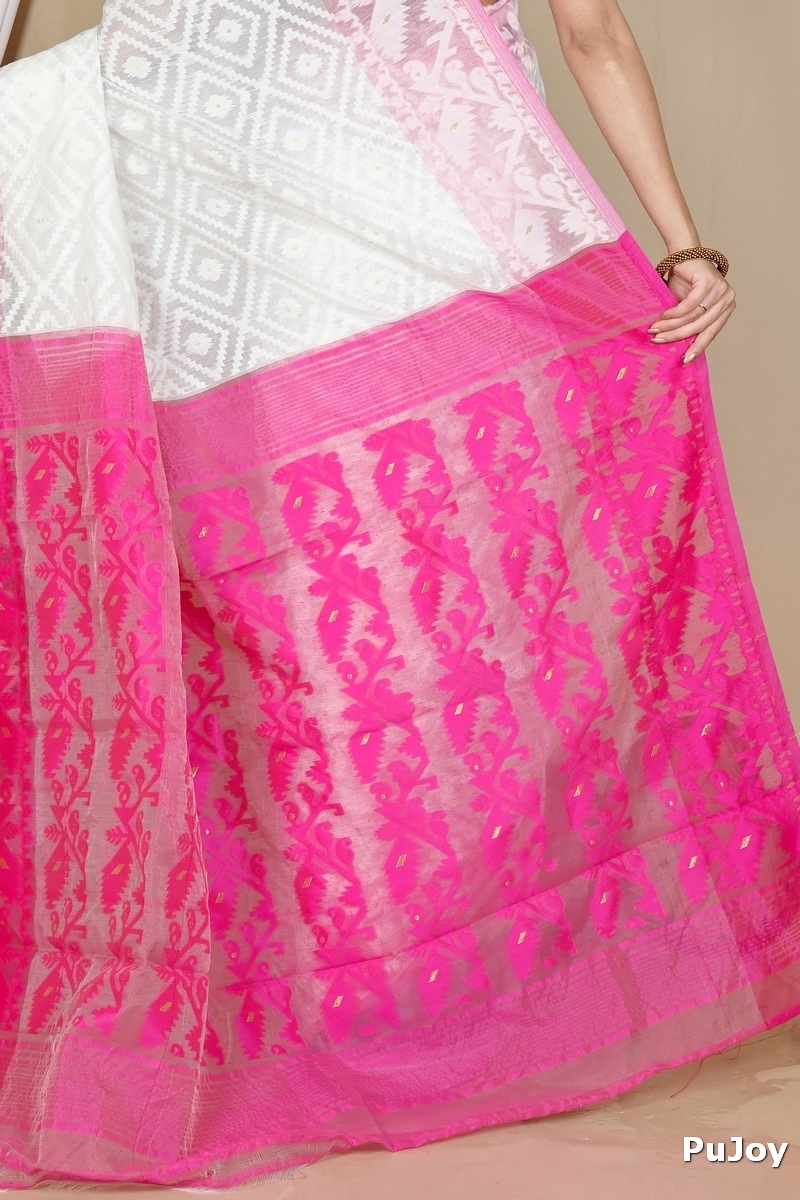 White Purple Blended Cotton Krokai Jamdani Saree (1706)