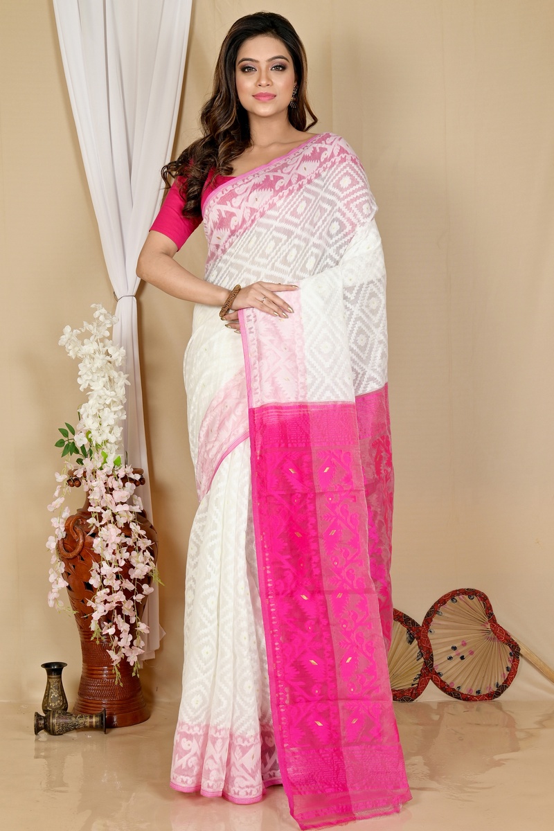 White Purple Blended Cotton Krokai Jamdani Saree (1706)
