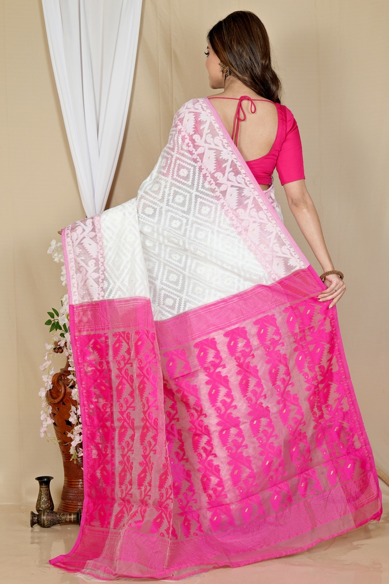 White Purple Blended Cotton Krokai Jamdani Saree (1706)
