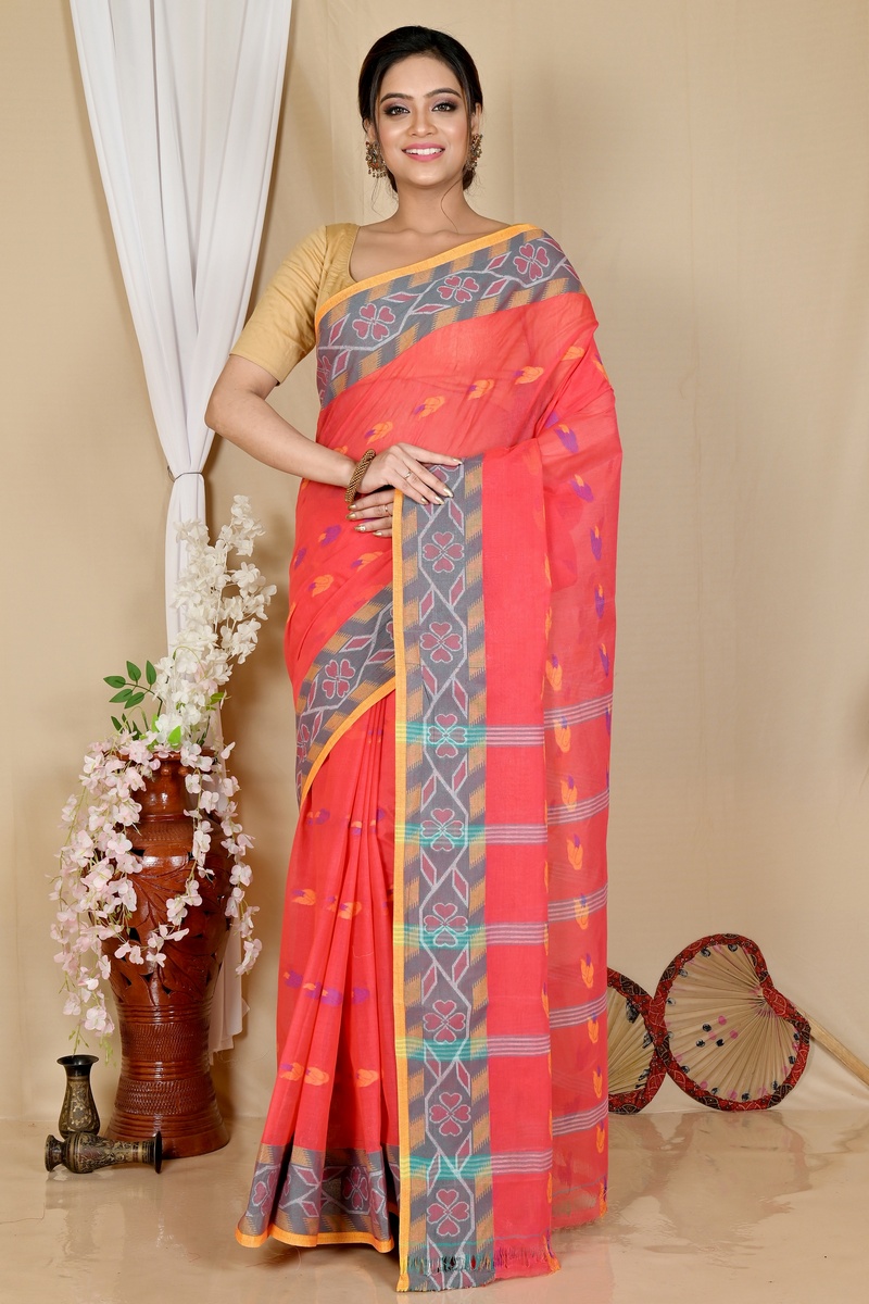 Orange Pure Cotton Komtai Tant Saree (1707)