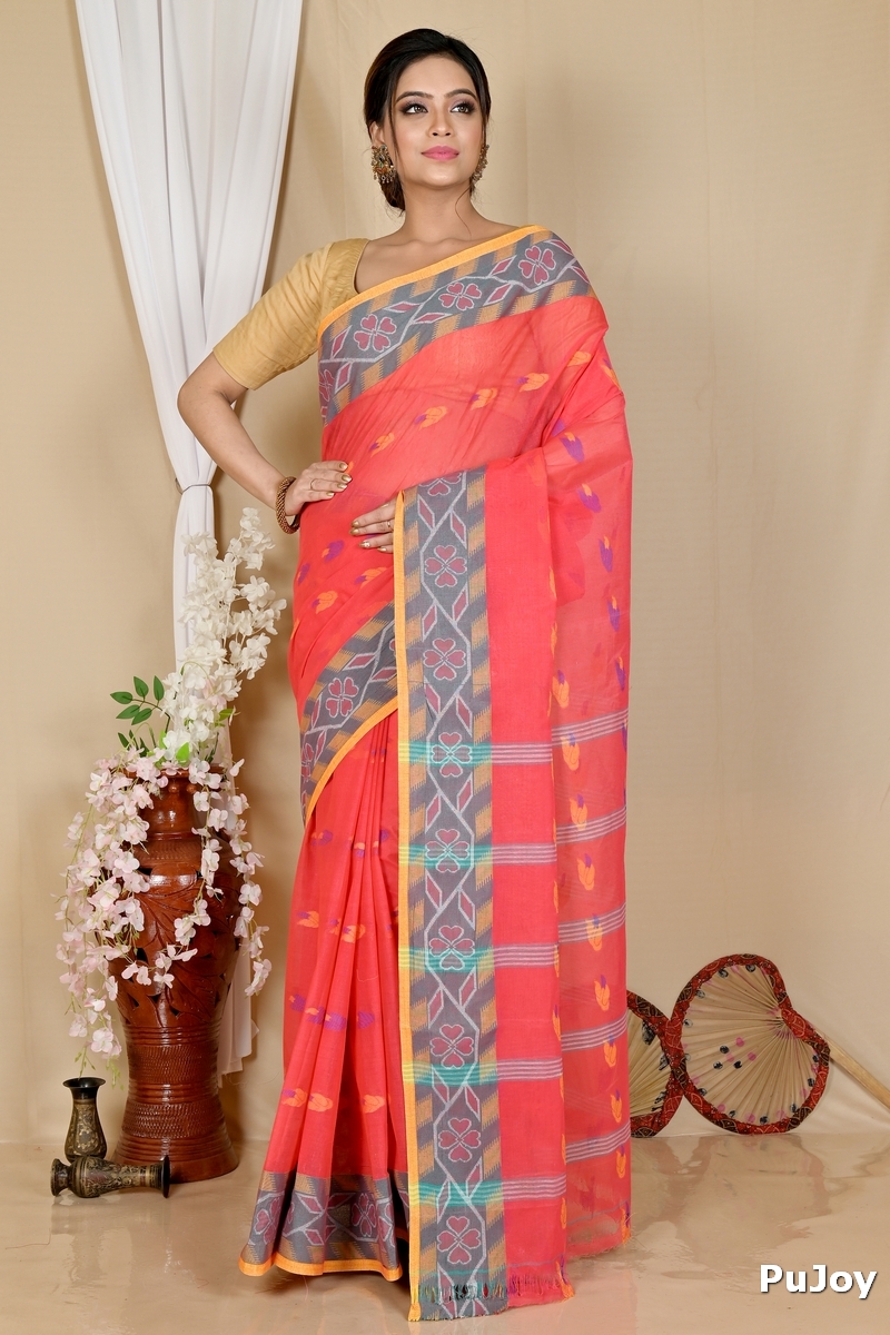 Orange Pure Cotton Komtai Tant Saree (1707)