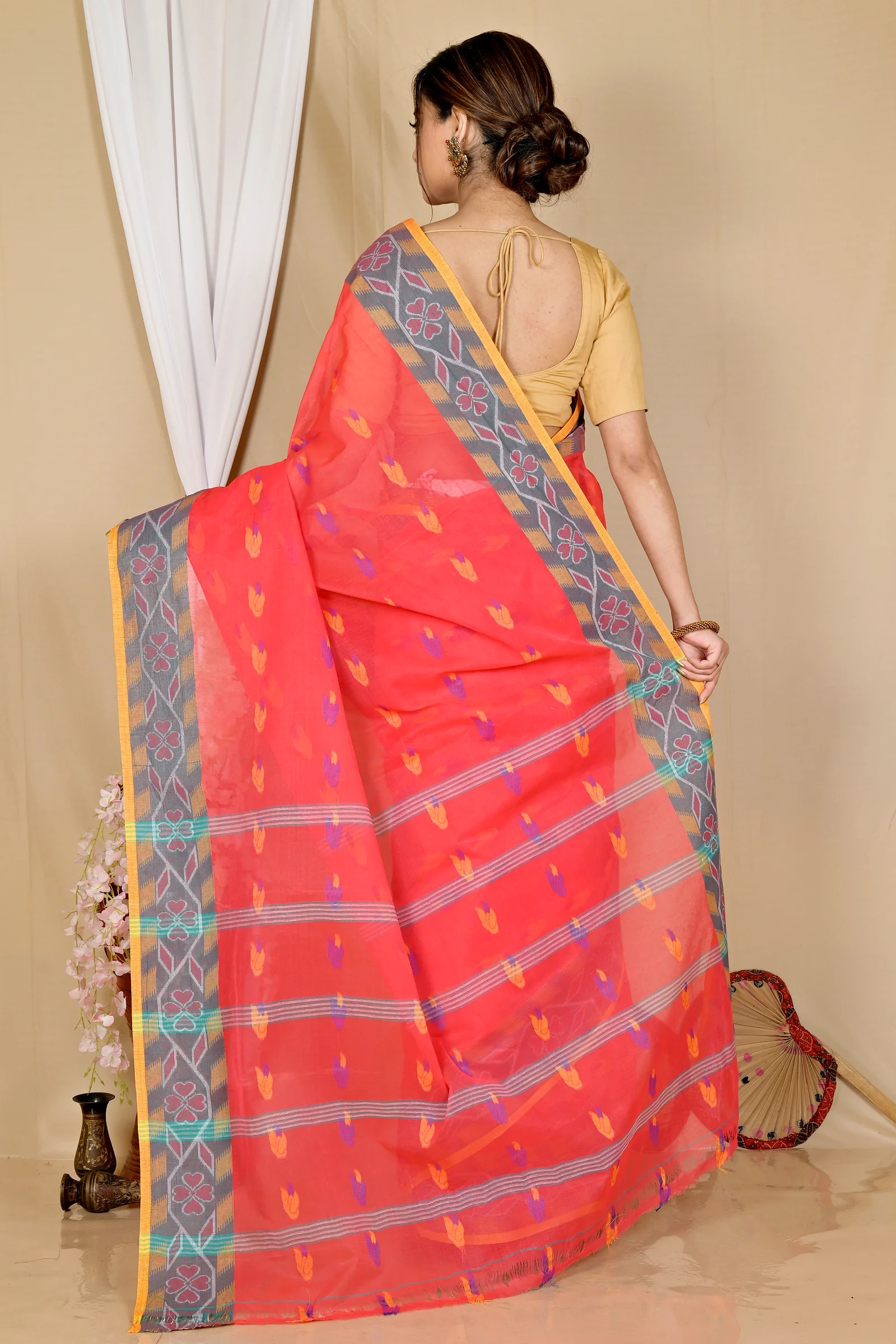 Orange Pure Cotton Komtai Tant Saree (1707)