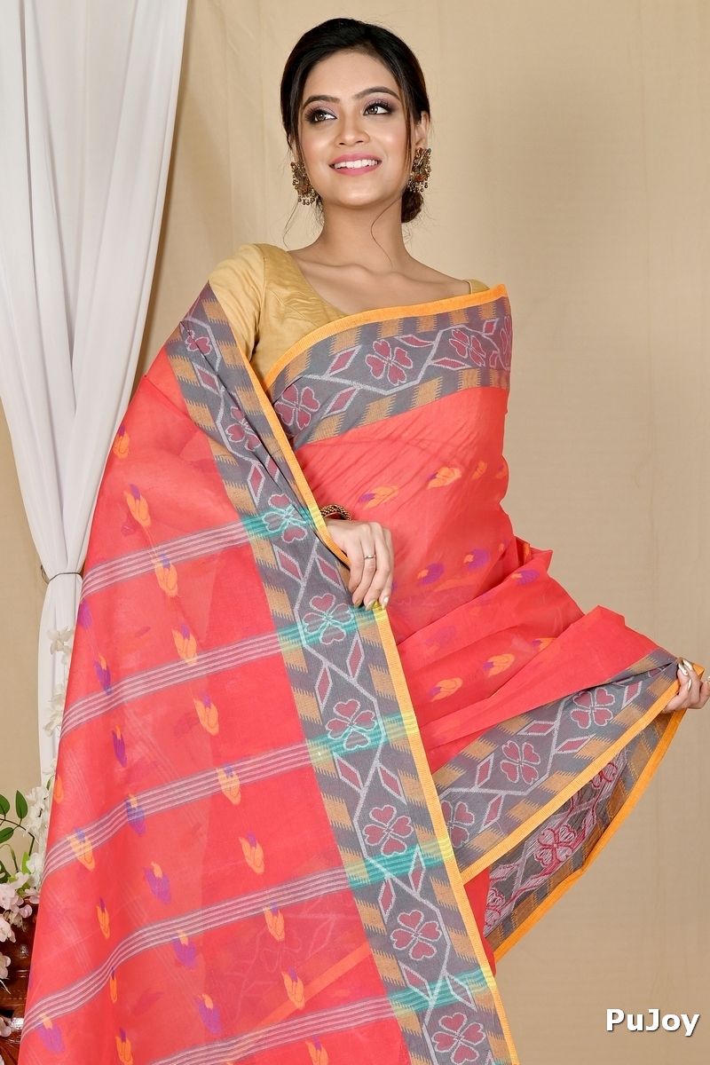 Orange Pure Cotton Komtai Tant Saree (1707)