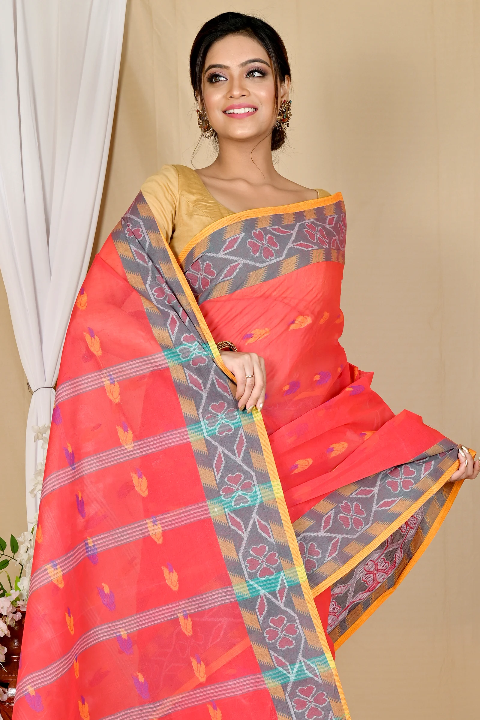 Orange Pure Cotton Komtai Tant Saree (1707)