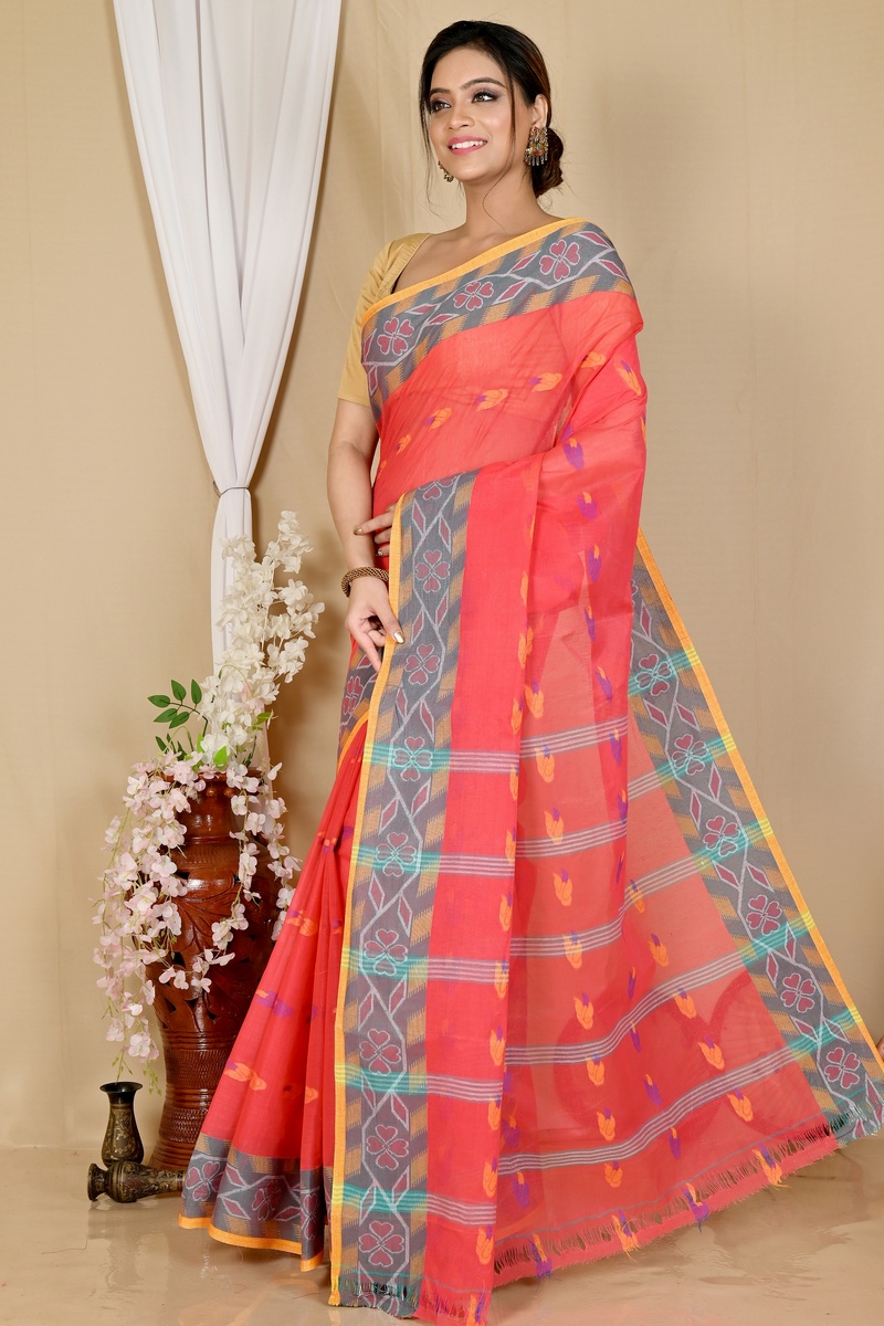 Orange Pure Cotton Komtai Tant Saree (1707)