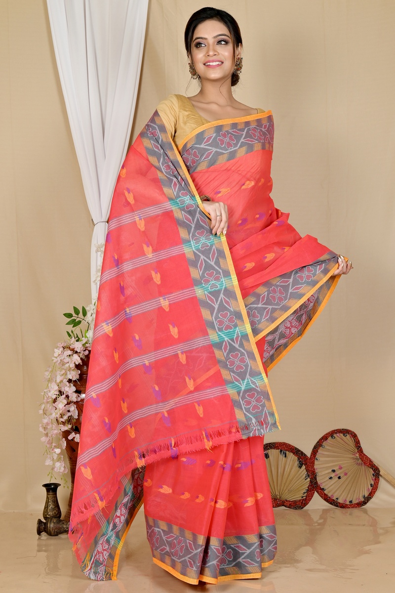 Orange Pure Cotton Komtai Tant Saree (1707)