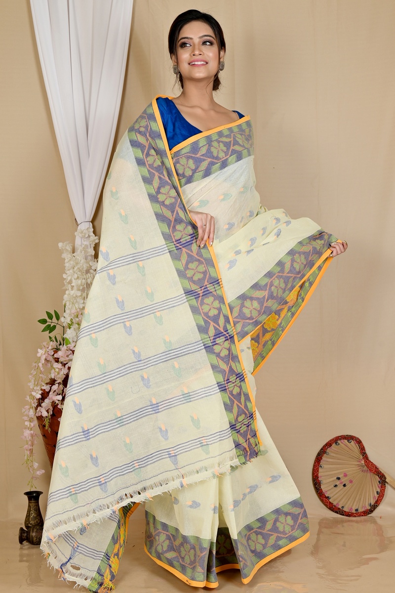 White Pure Cotton Komtai Tant Saree (1710)