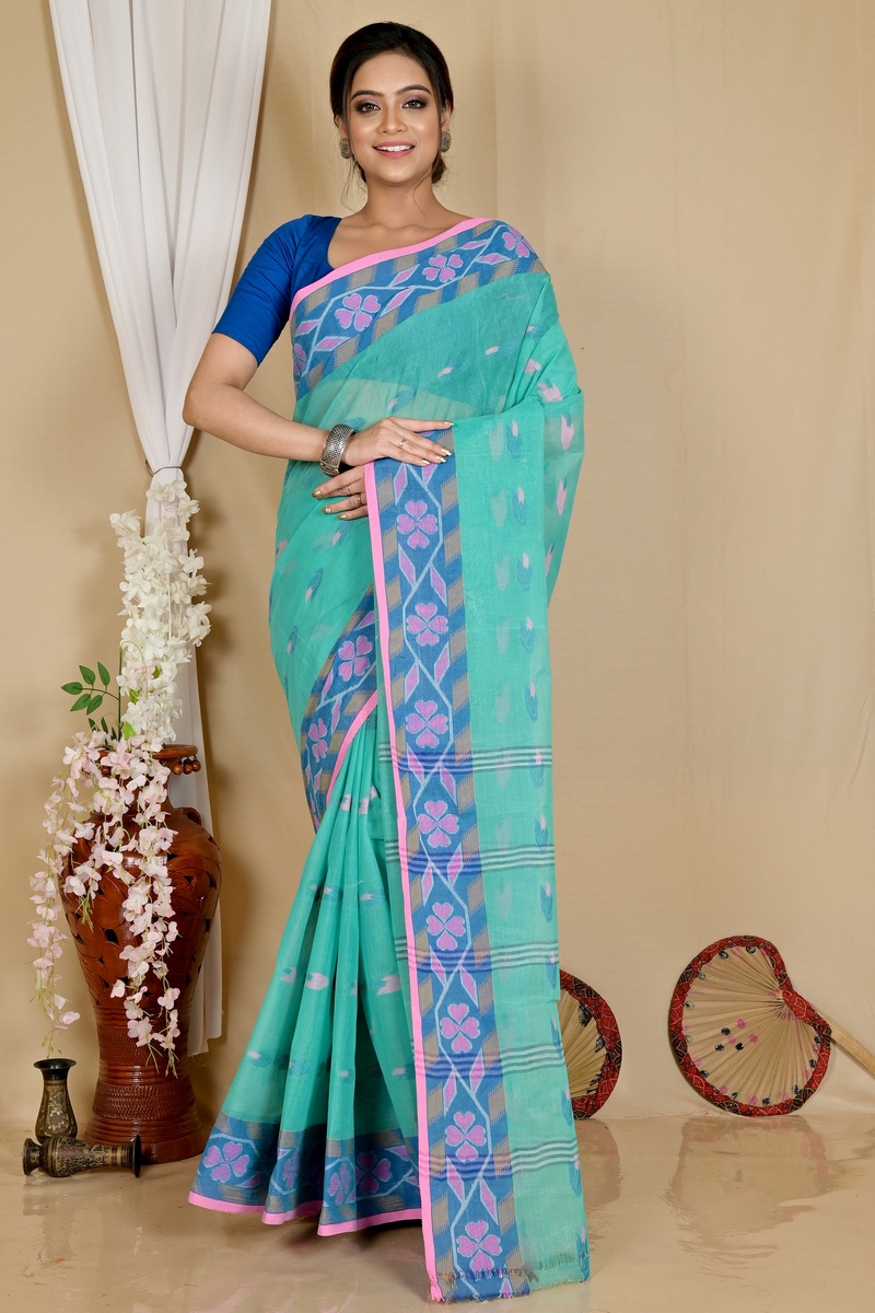 See Green Pure Cotton Komtai Tant Saree (1711)