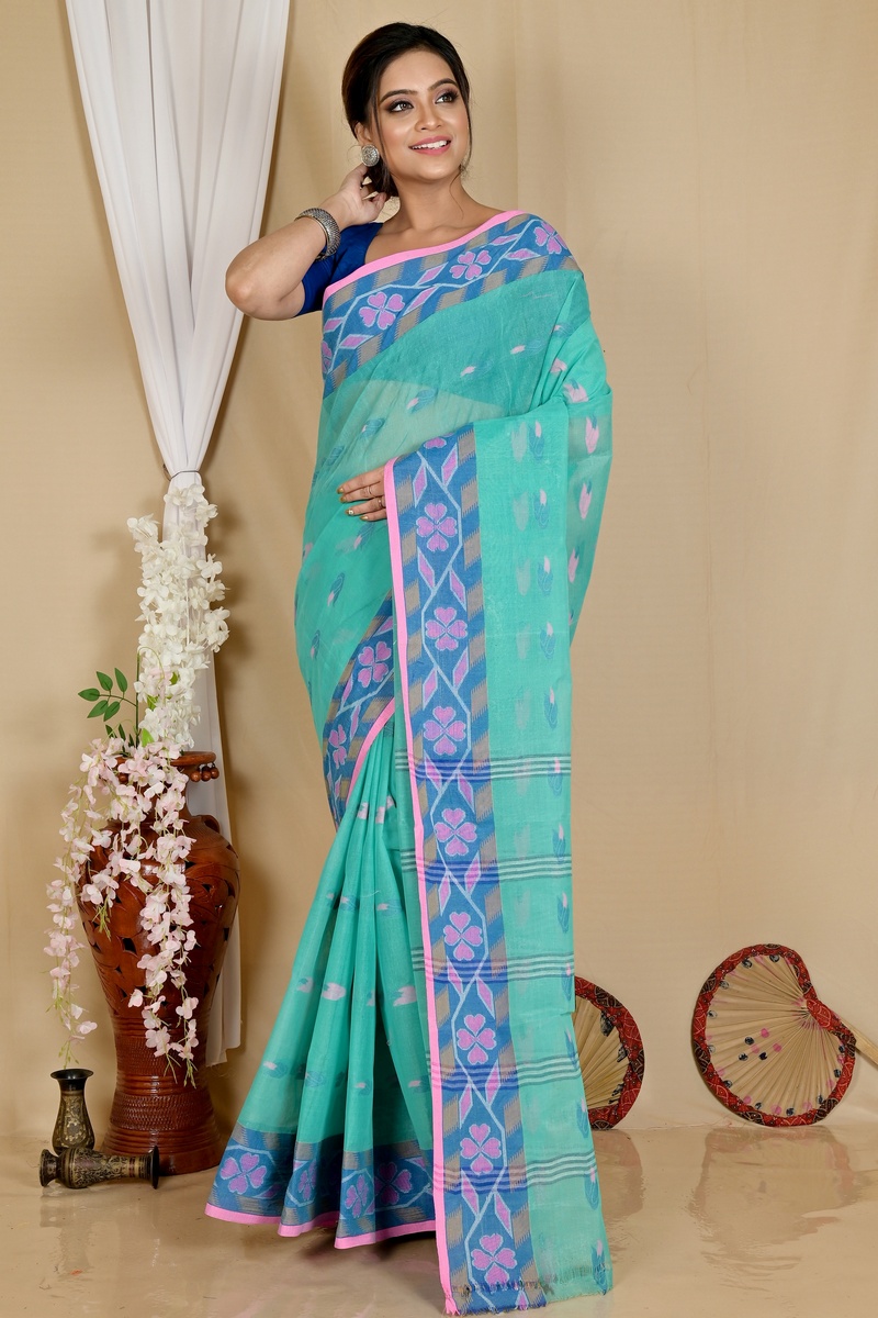 See Green Pure Cotton Komtai Tant Saree (1711)