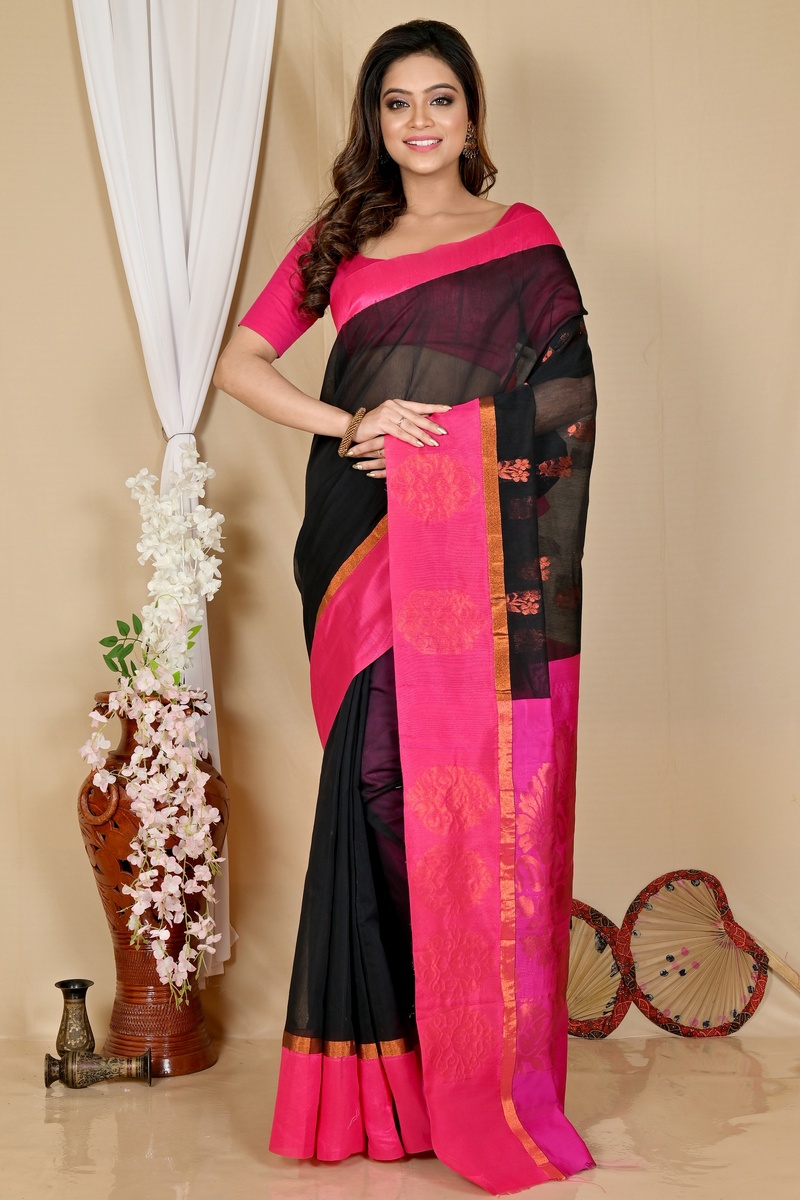 Black Purple Cotton Silk Kakin Hand Loom Saree (1712)