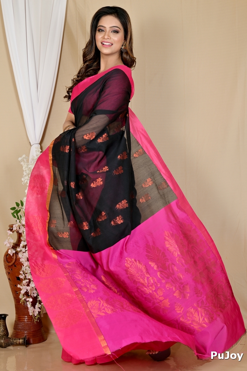 Black Purple Cotton Silk Kakin Hand Loom Saree (1712)