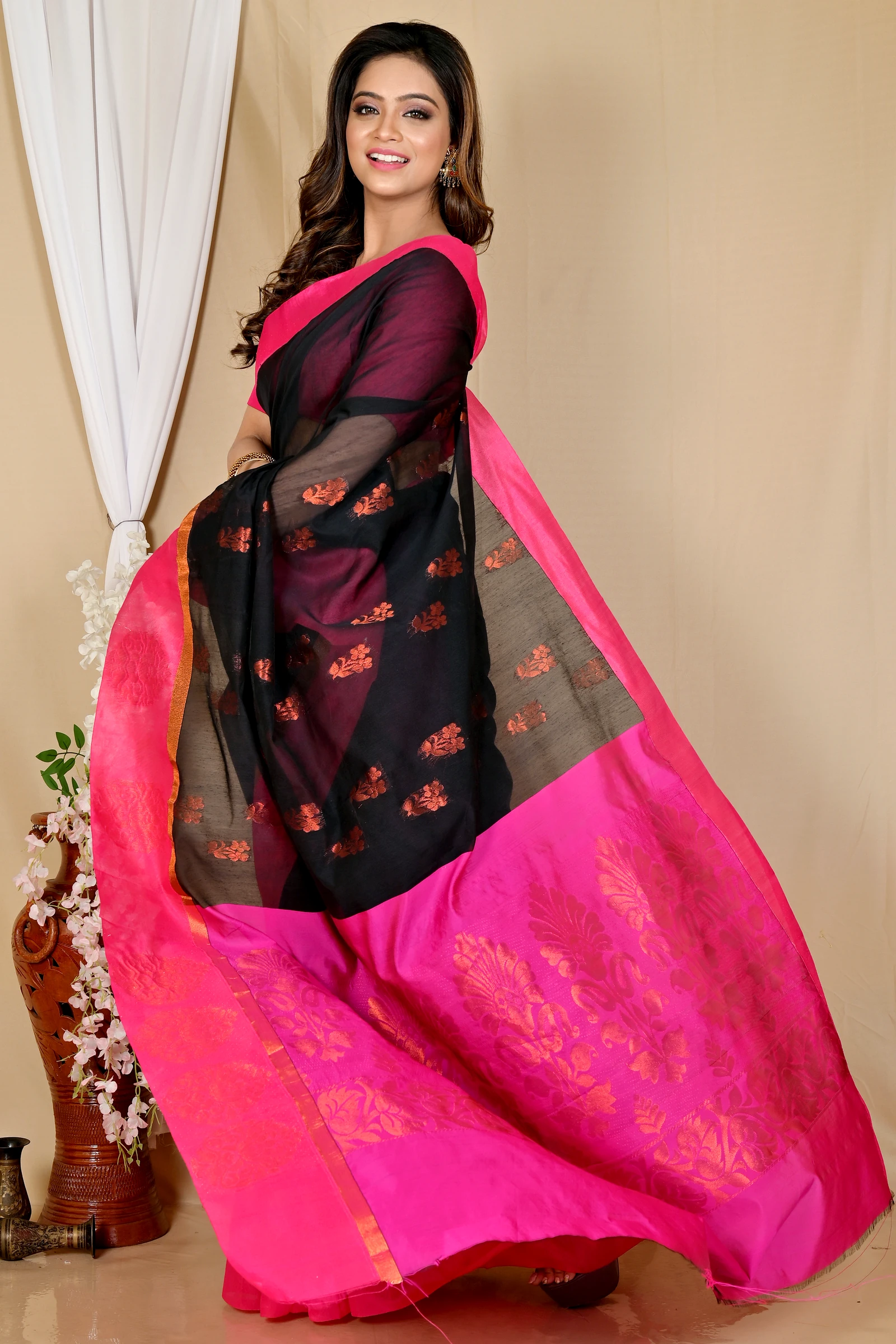 Black Purple Cotton Silk Kakin Hand Loom Saree (1712)