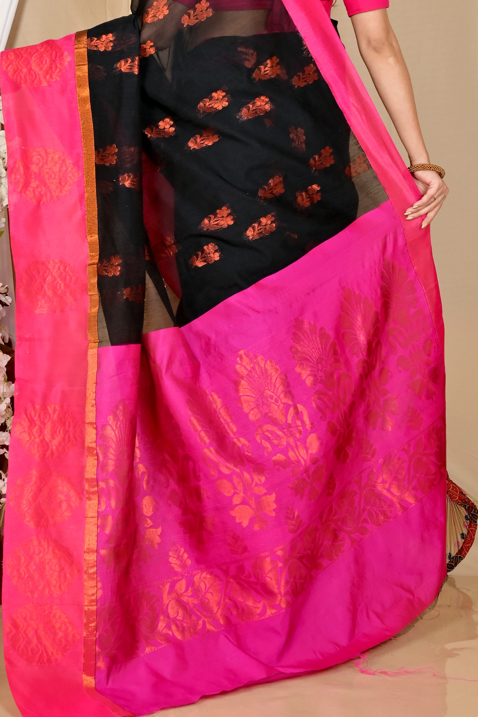 Black Purple Cotton Silk Kakin Hand Loom Saree (1712)