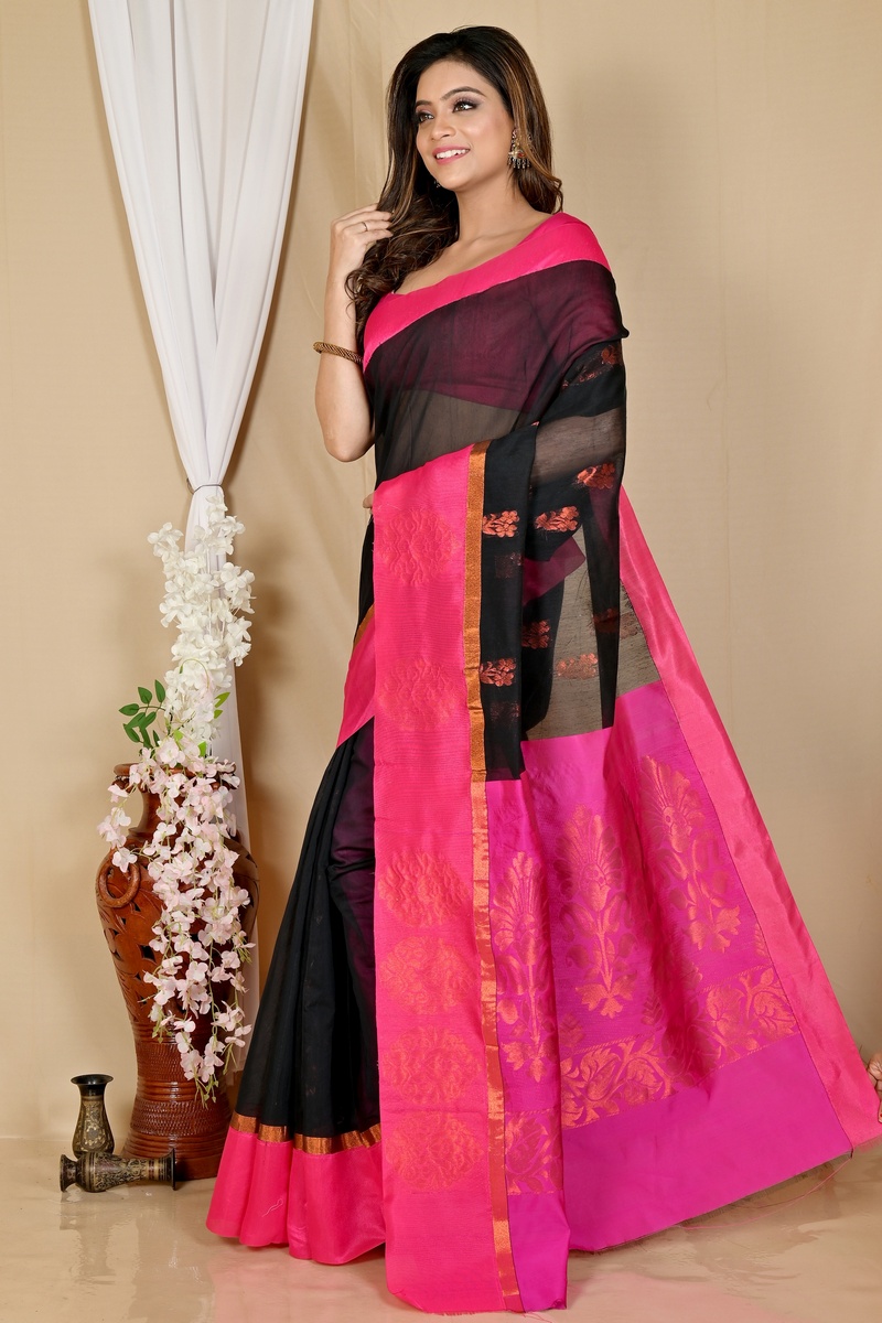 Black Purple Cotton Silk Kakin Hand Loom Saree (1712)