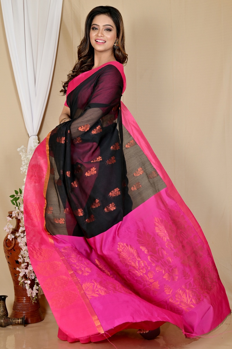 Black Purple Cotton Silk Kakin Hand Loom Saree (1712)