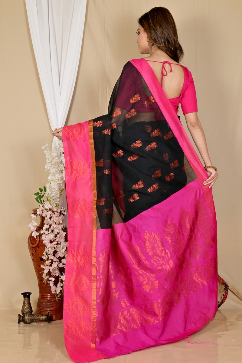 Black Purple Cotton Silk Kakin Hand Loom Saree (1712)