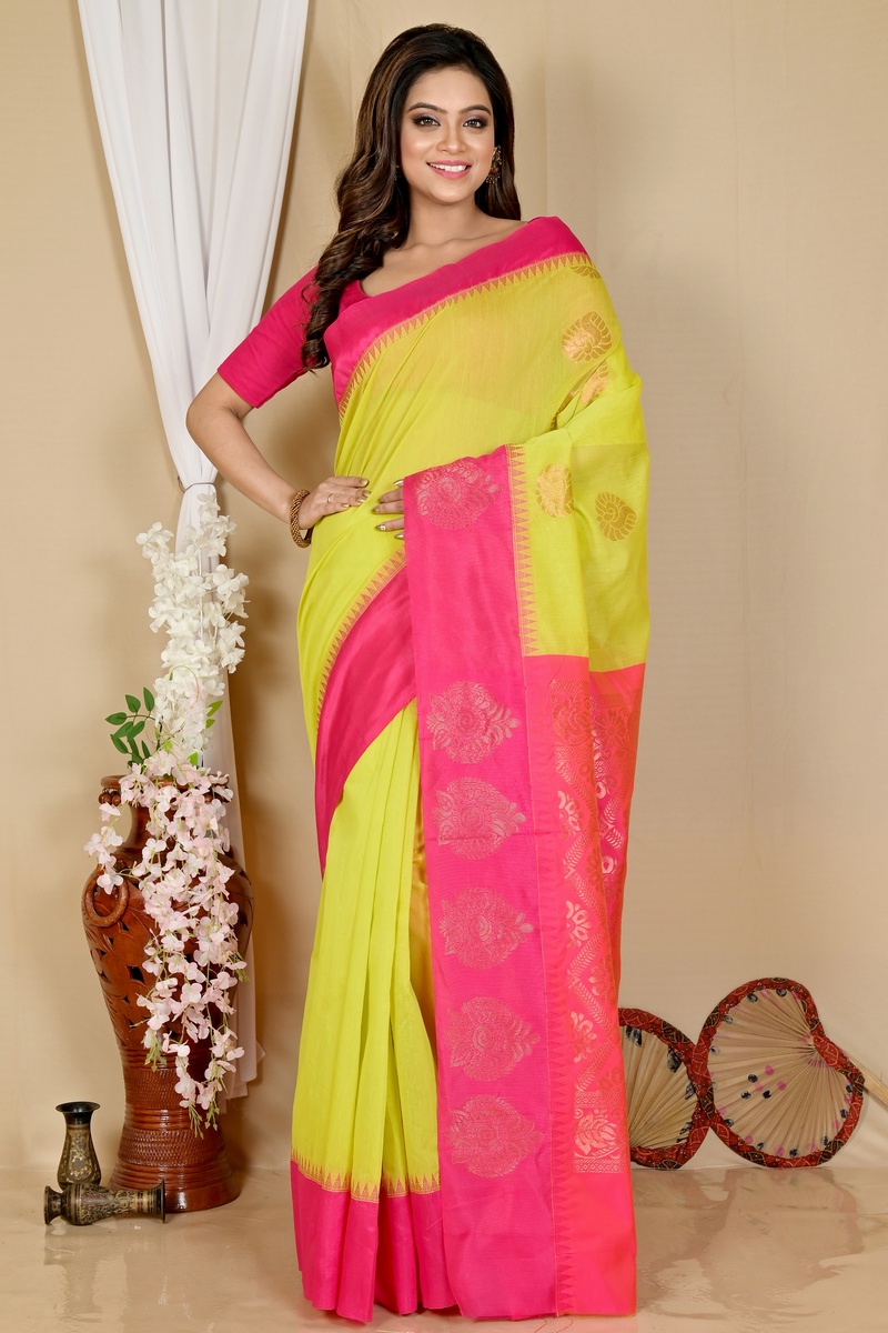 Green Purple Cotton Silk Kakin Hand Loom Saree (1713)