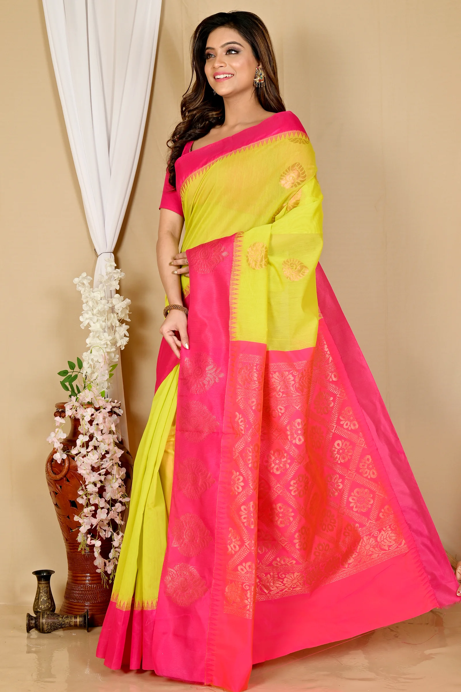 Green Purple Cotton Silk Kakin Hand Loom Saree (1713)