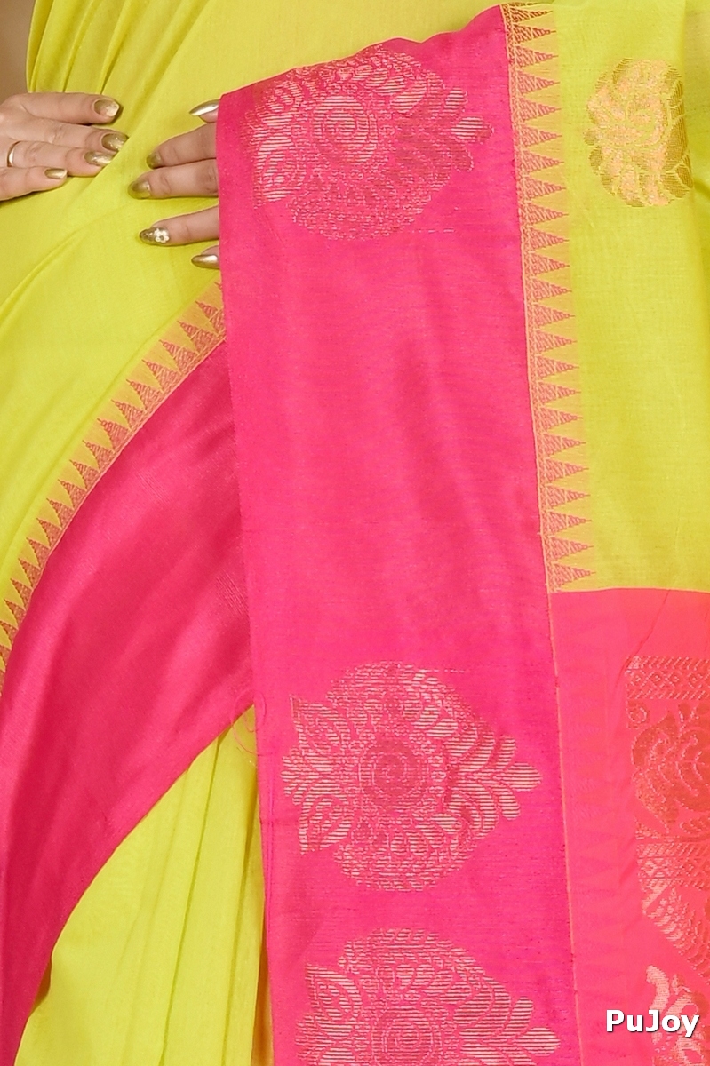 Green Purple Cotton Silk Kakin Hand Loom Saree (1713)