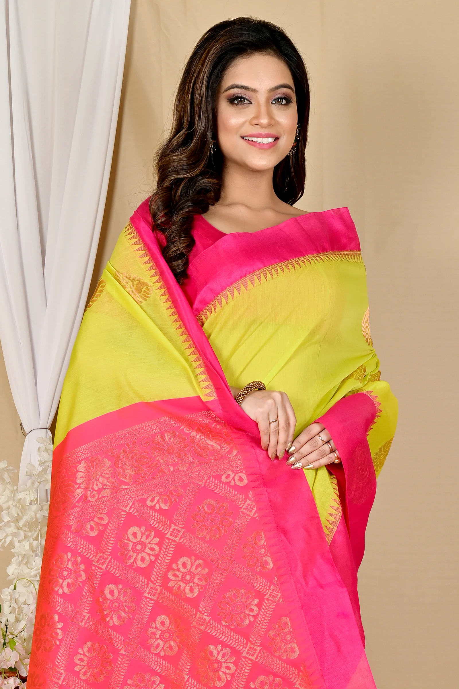 Green Purple Cotton Silk Kakin Hand Loom Saree (1713)