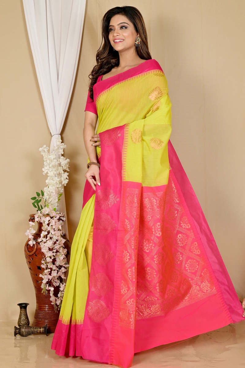 Green Purple Cotton Silk Kakin Hand Loom Saree (1713)