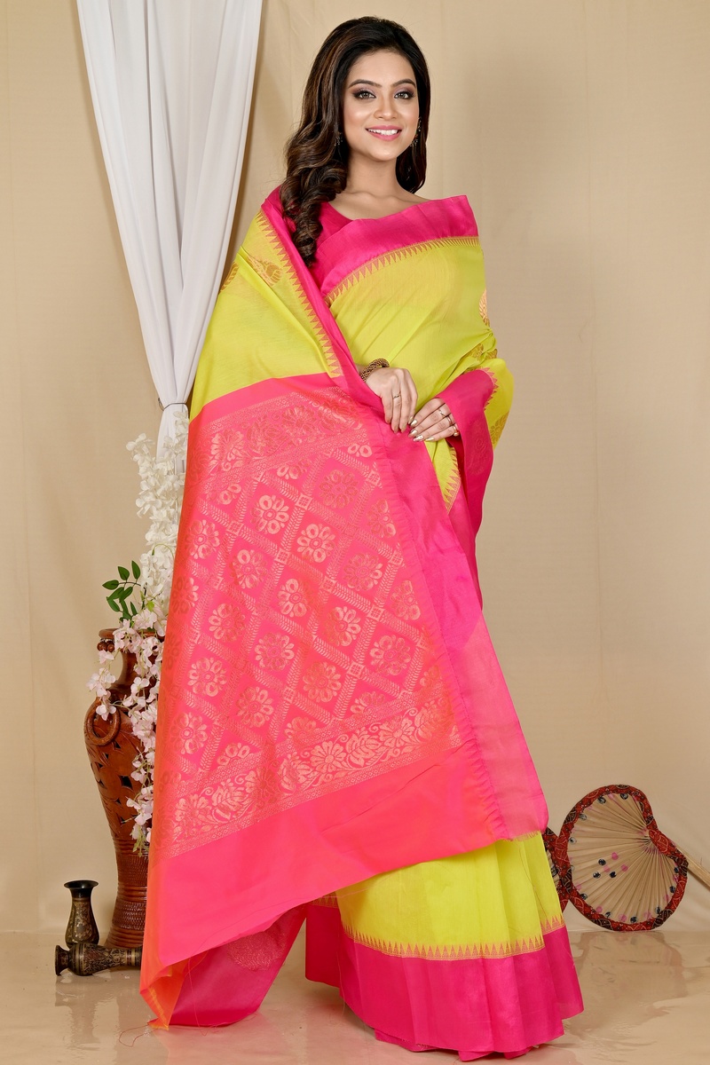 Green Purple Cotton Silk Kakin Hand Loom Saree (1713)