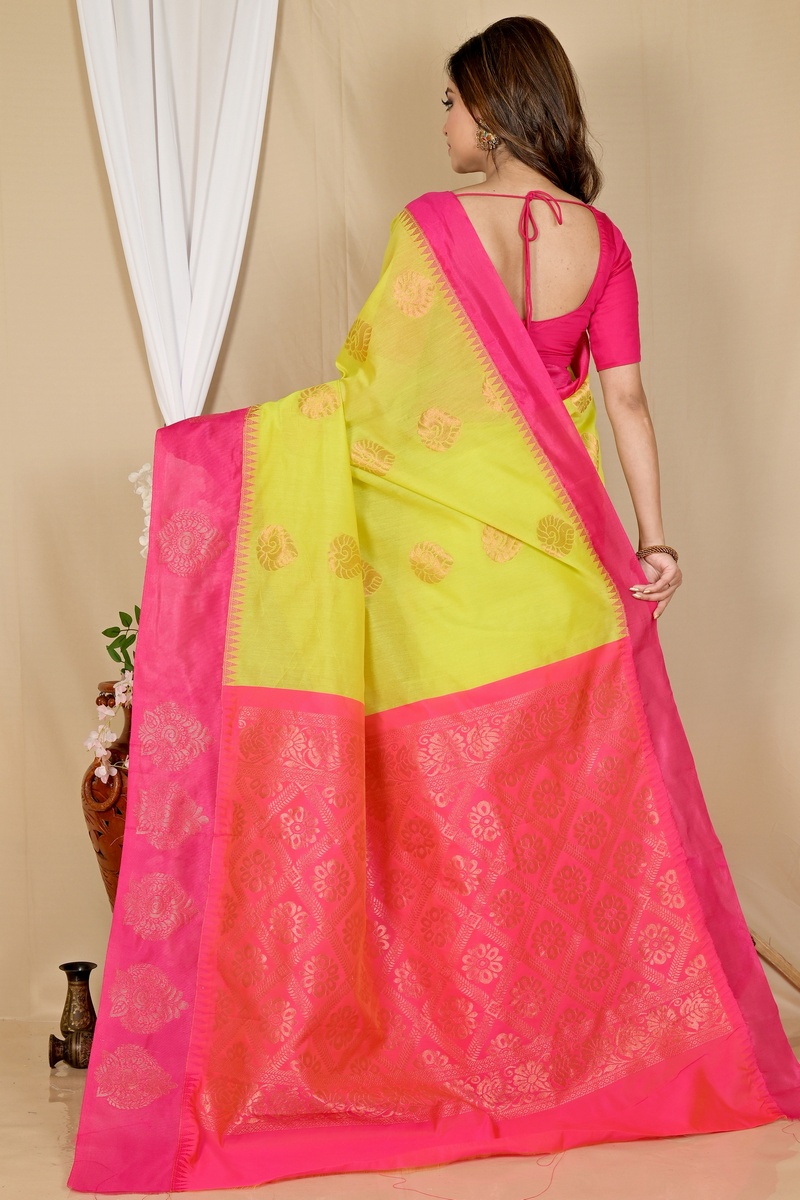 Green Purple Cotton Silk Kakin Hand Loom Saree (1713)