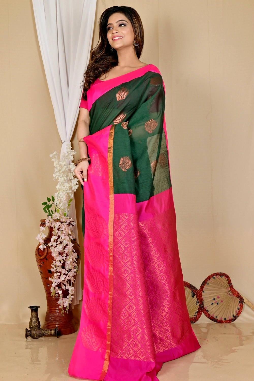 Drak Green Purple Cotton Silk Kakin Hand Loom Saree (1714)