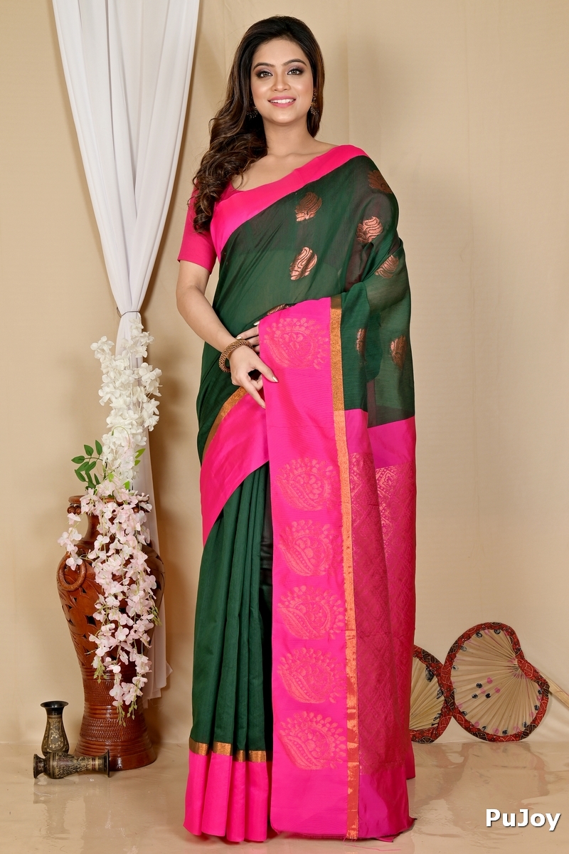 Drak Green Purple Cotton Silk Kakin Hand Loom Saree (1714)
