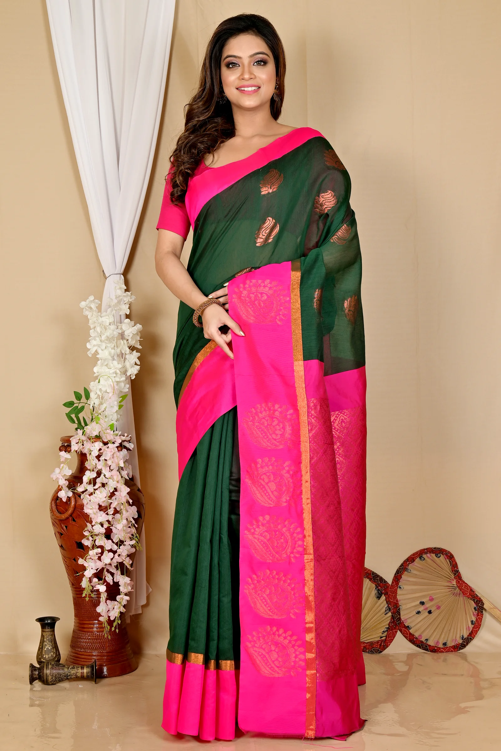 Drak Green Purple Cotton Silk Kakin Hand Loom Saree (1714)