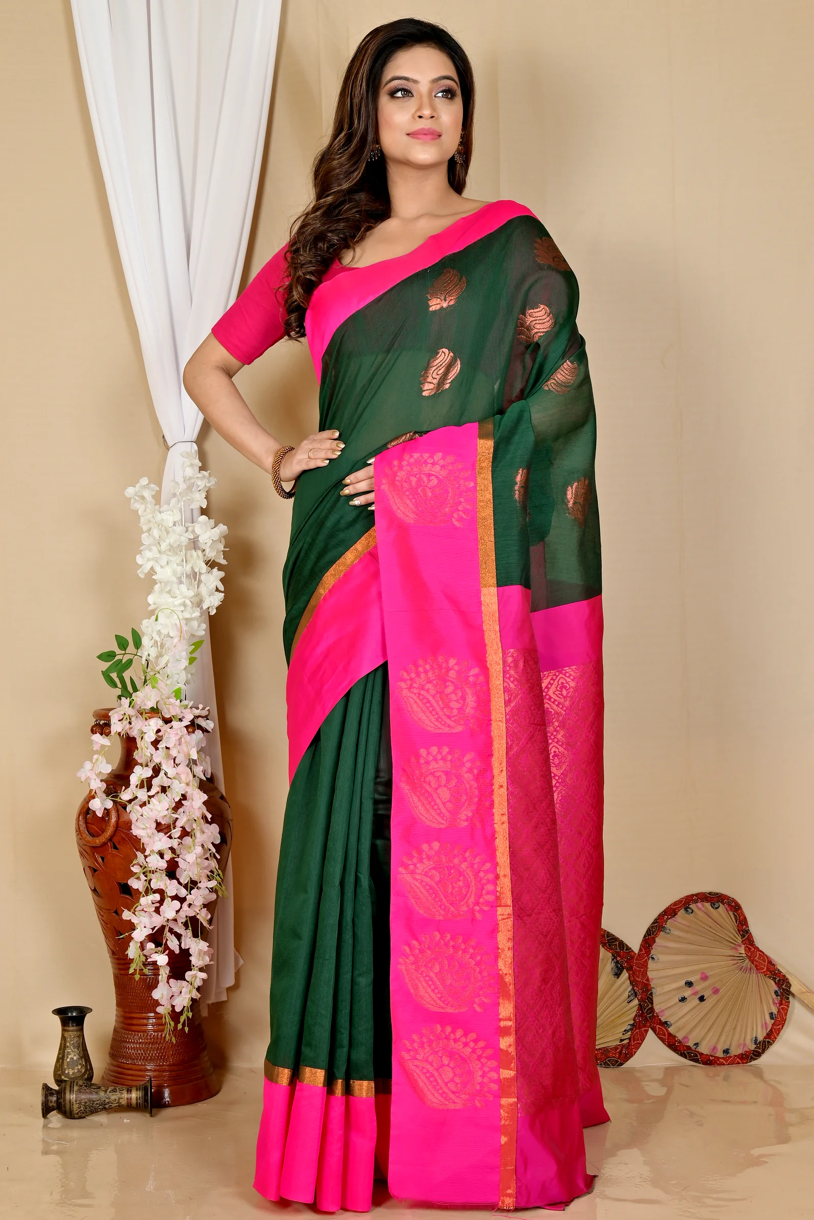 Drak Green Purple Cotton Silk Kakin Hand Loom Saree (1714)