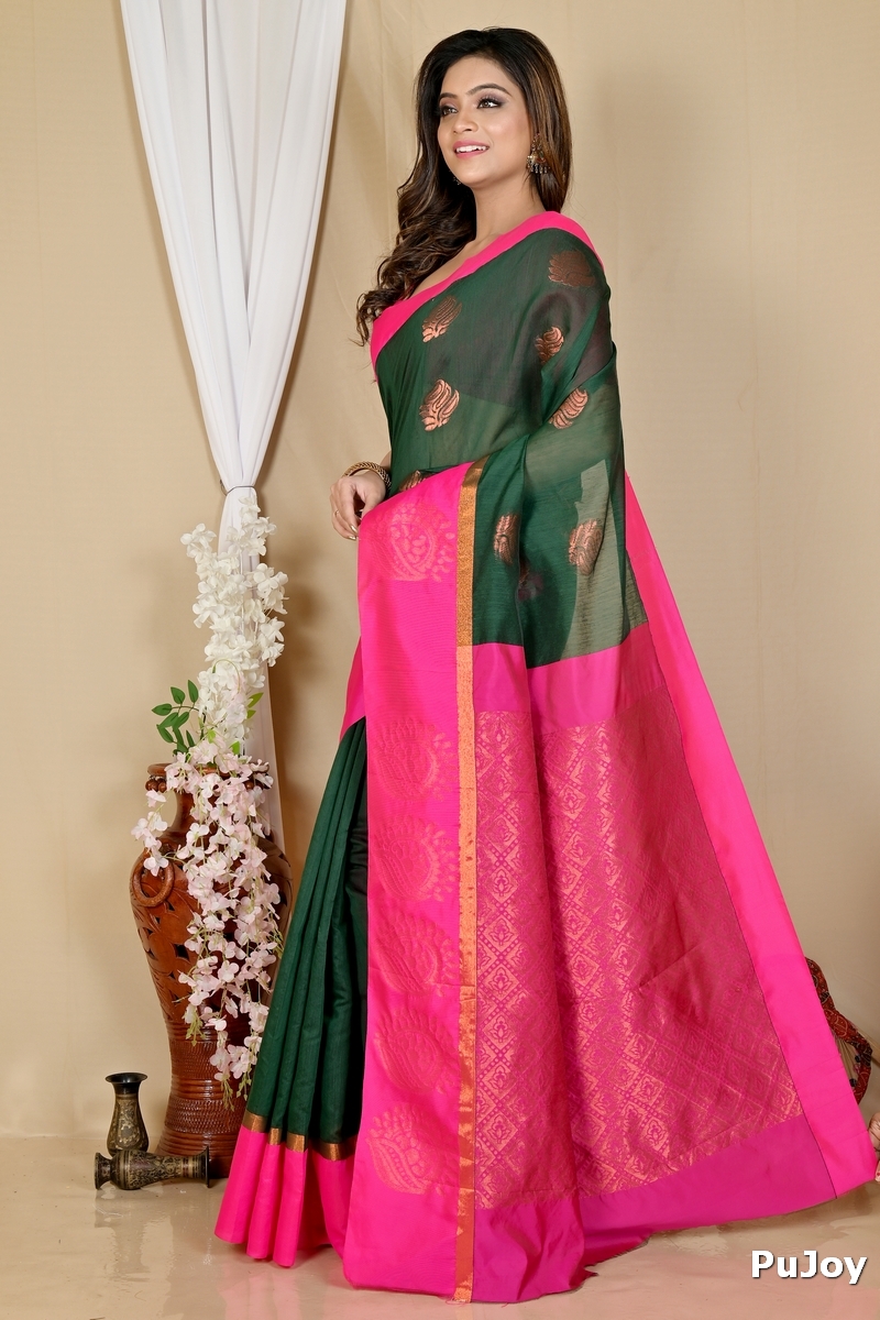 Drak Green Purple Cotton Silk Kakin Hand Loom Saree (1714)
