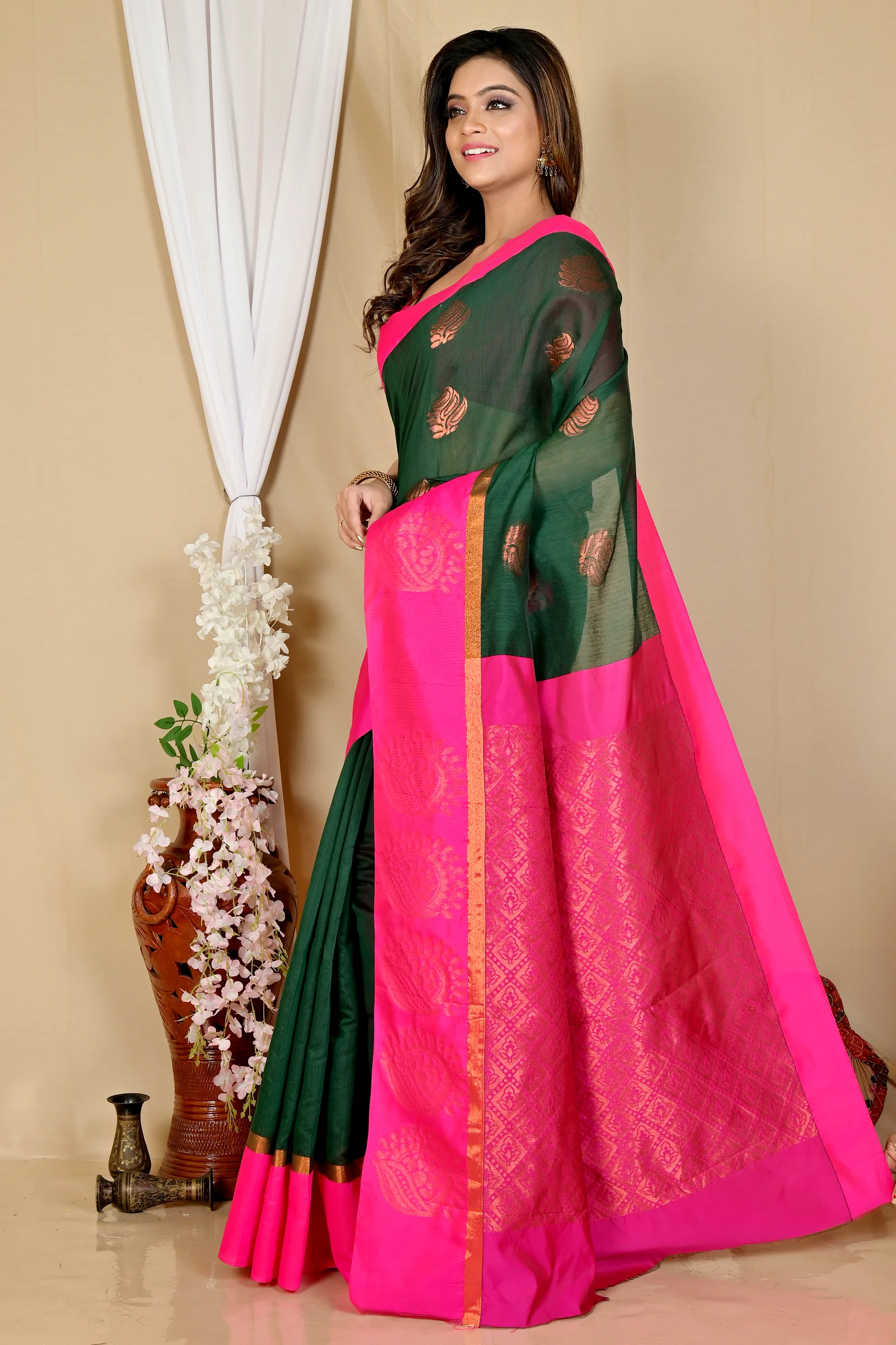 Drak Green Purple Cotton Silk Kakin Hand Loom Saree (1714)