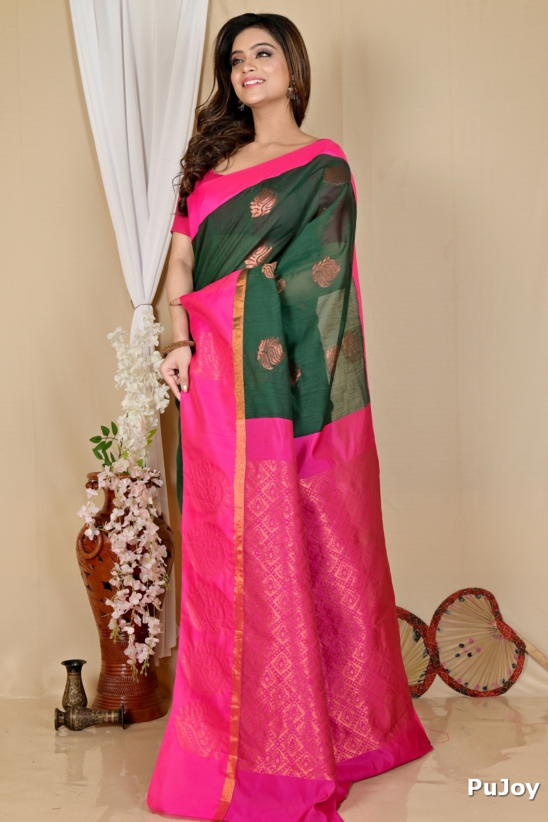 Drak Green Purple Cotton Silk Kakin Hand Loom Saree (1714)