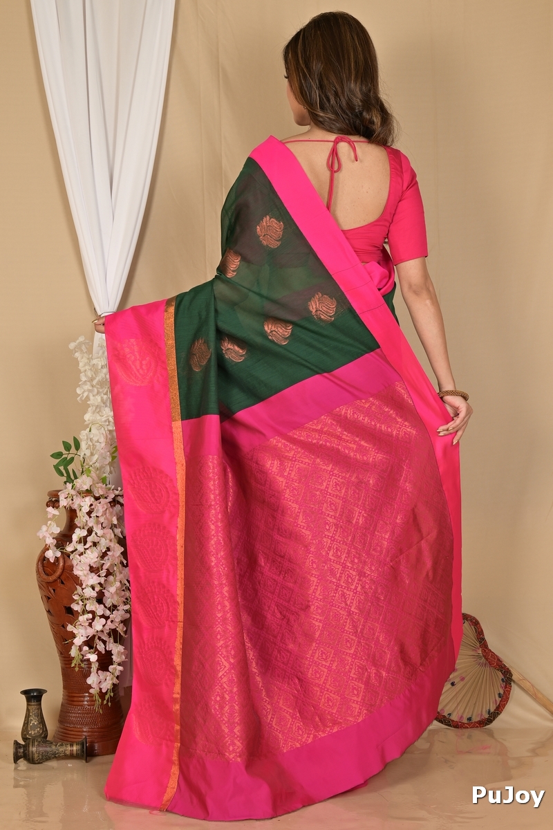 Drak Green Purple Cotton Silk Kakin Hand Loom Saree (1714)