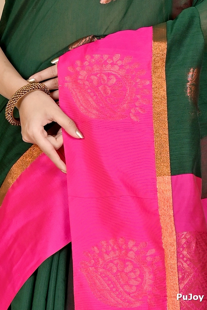Drak Green Purple Cotton Silk Kakin Hand Loom Saree (1714)