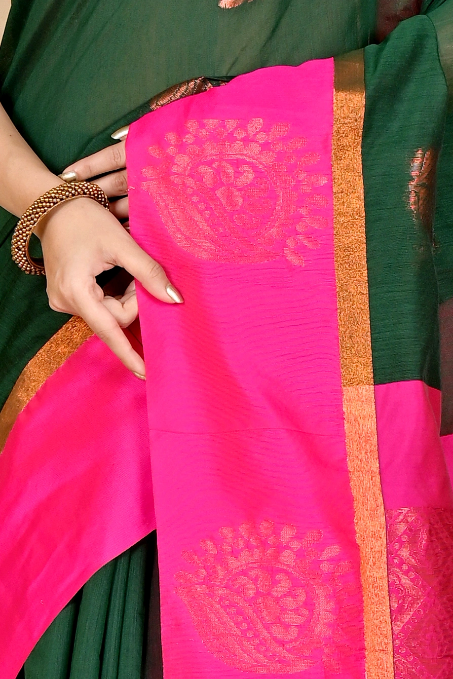 Drak Green Purple Cotton Silk Kakin Hand Loom Saree (1714)