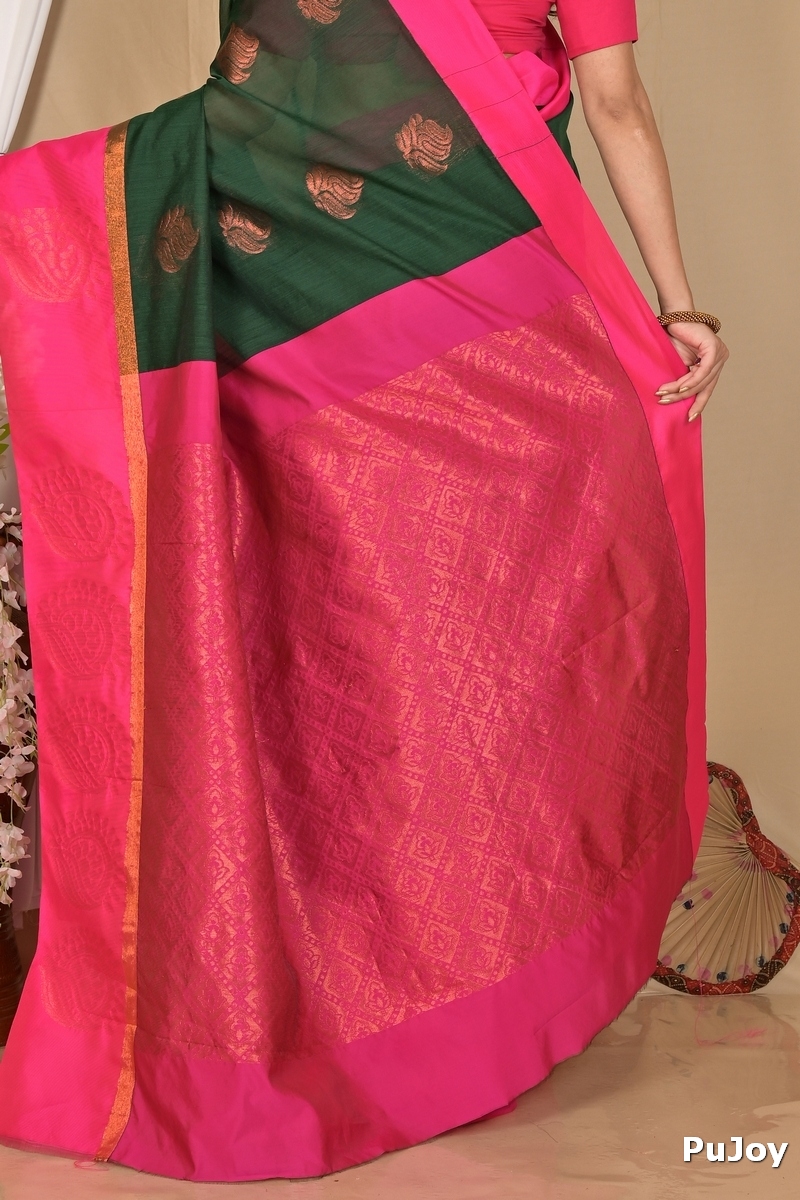 Drak Green Purple Cotton Silk Kakin Hand Loom Saree (1714)