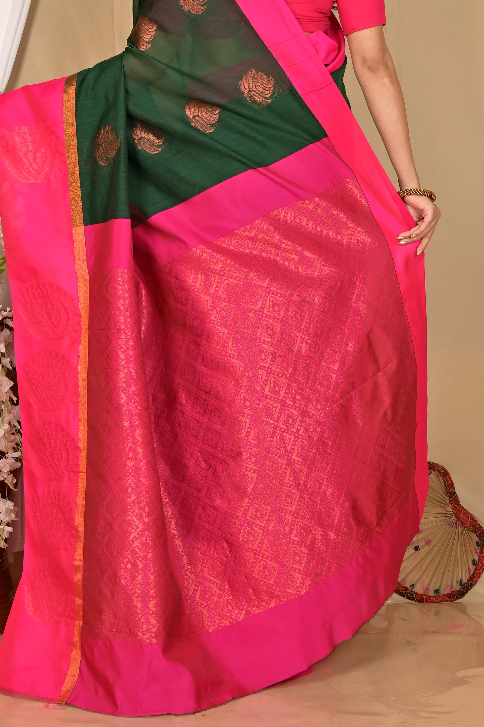 Drak Green Purple Cotton Silk Kakin Hand Loom Saree (1714)