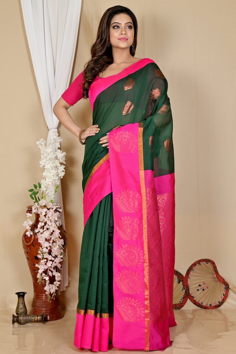 Drak Green Purple Cotton Silk Kakin Hand Loom Saree (1714)