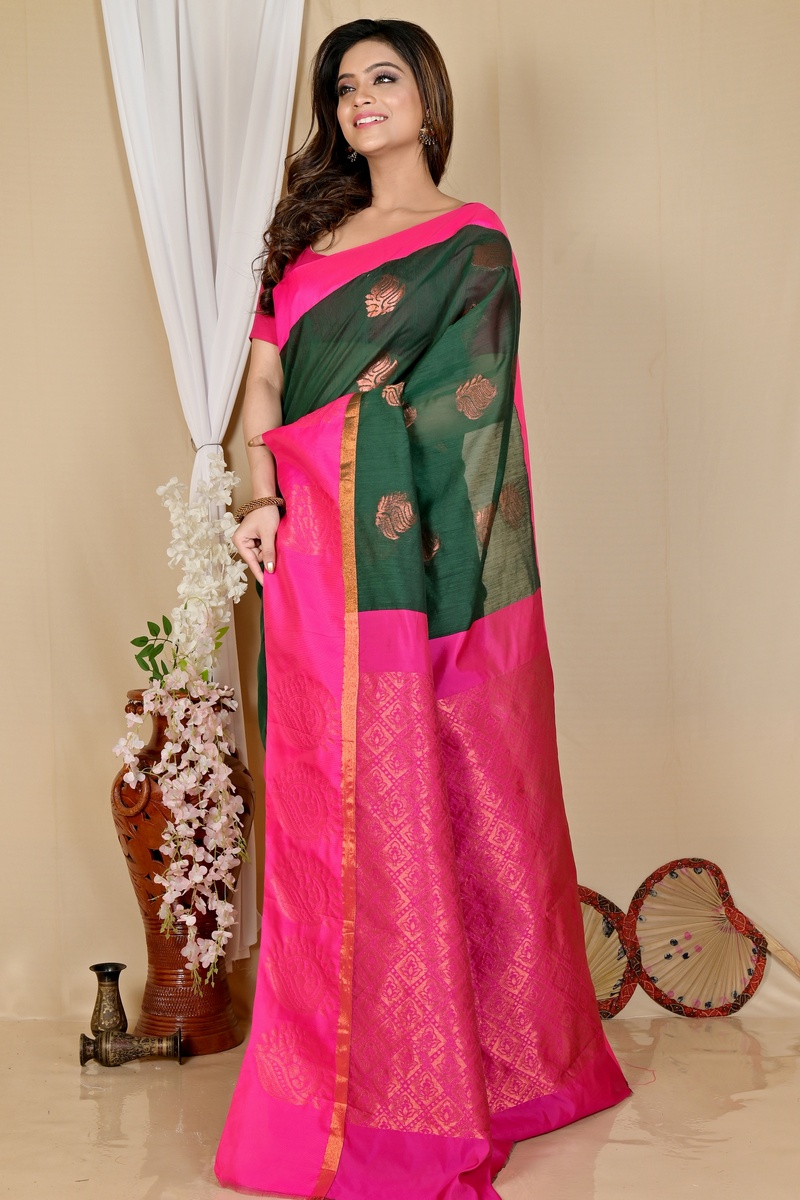 Drak Green Purple Cotton Silk Kakin Hand Loom Saree (1714)