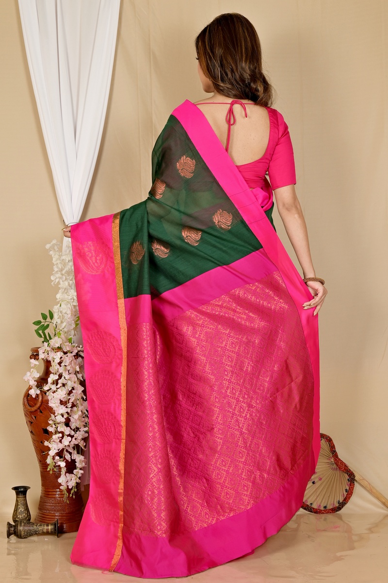 Drak Green Purple Cotton Silk Kakin Hand Loom Saree (1714)