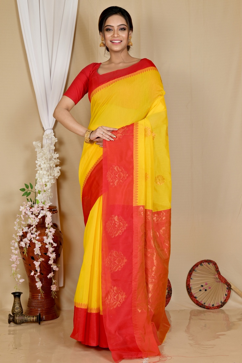 Yellow Red Cotton Silk Kakin Hand Loom Saree (1715)