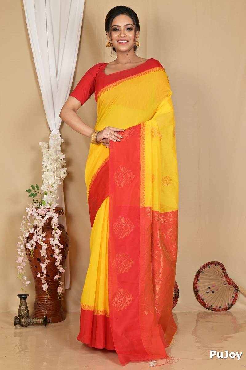 Yellow Red Cotton Silk Kakin Hand Loom Saree (1715)