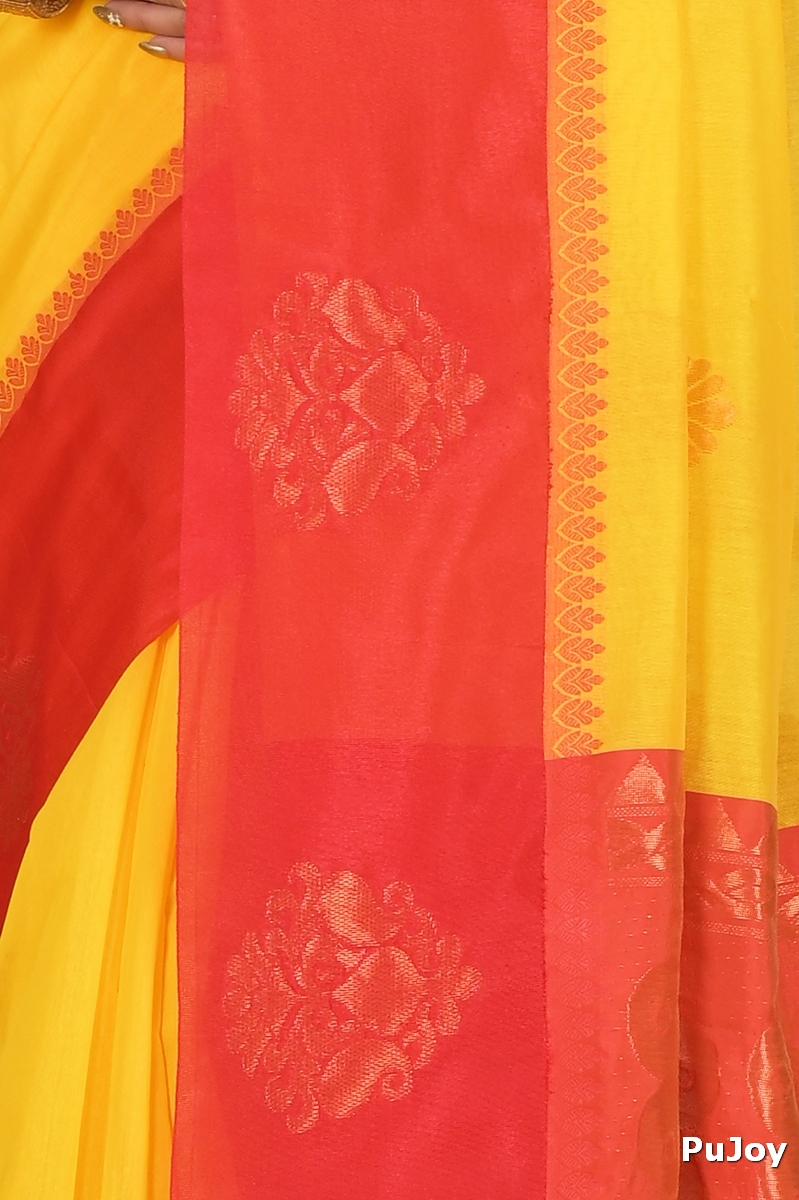Yellow Red Cotton Silk Kakin Hand Loom Saree (1715)