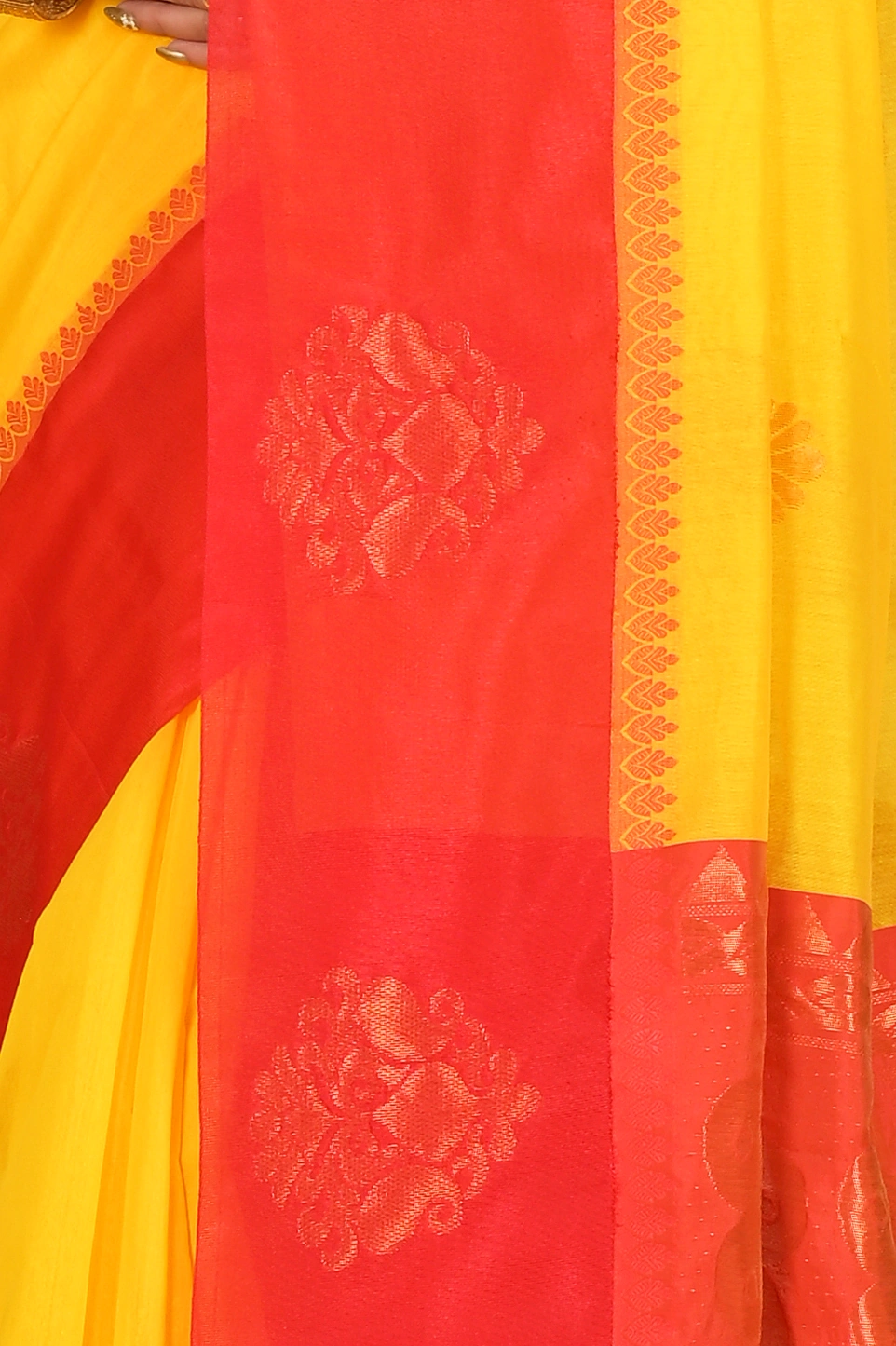 Yellow Red Cotton Silk Kakin Hand Loom Saree (1715)