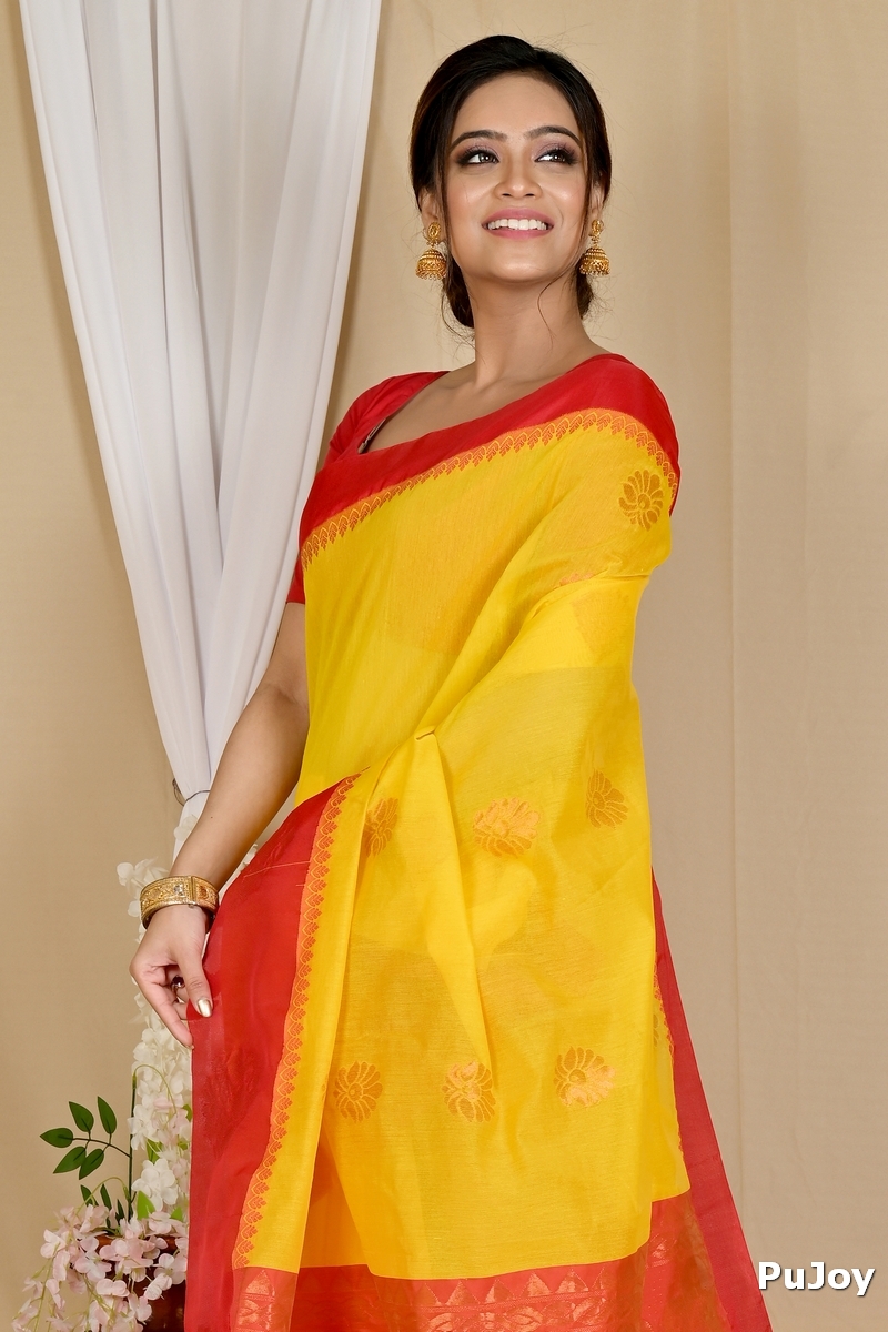 Yellow Red Cotton Silk Kakin Hand Loom Saree (1715)