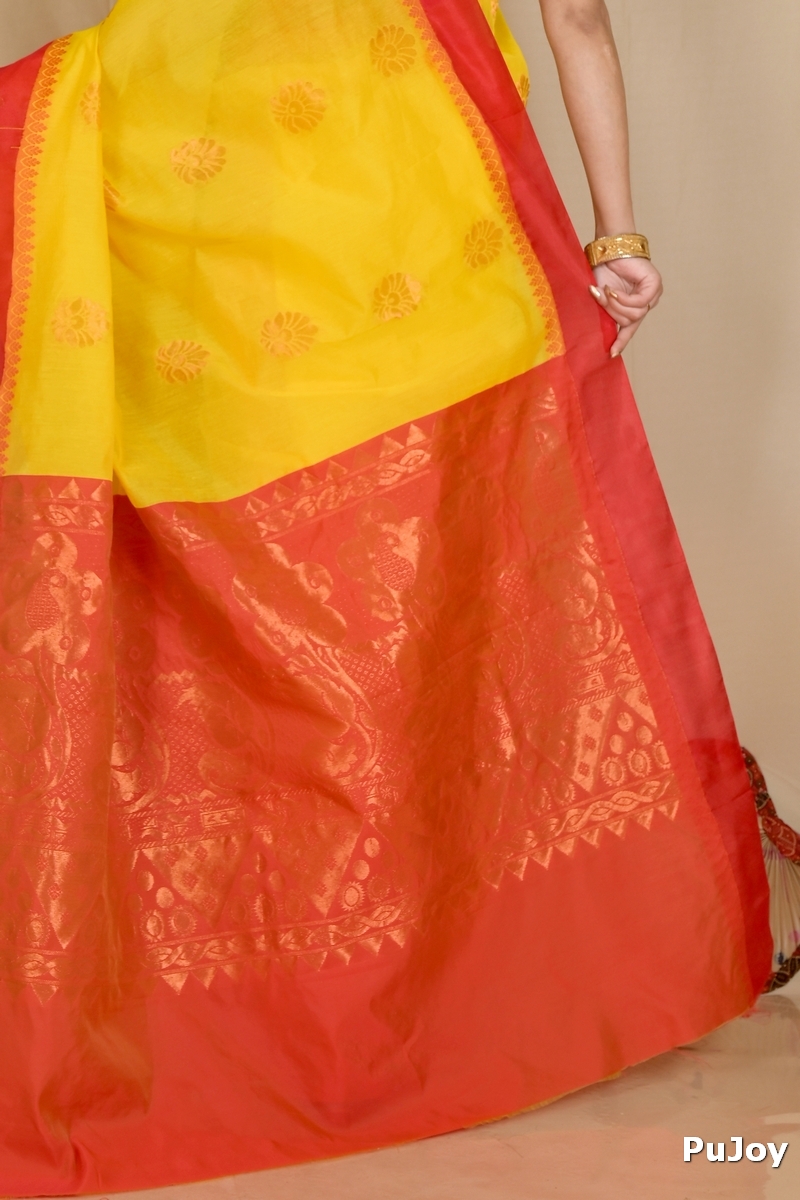 Yellow Red Cotton Silk Kakin Hand Loom Saree (1715)
